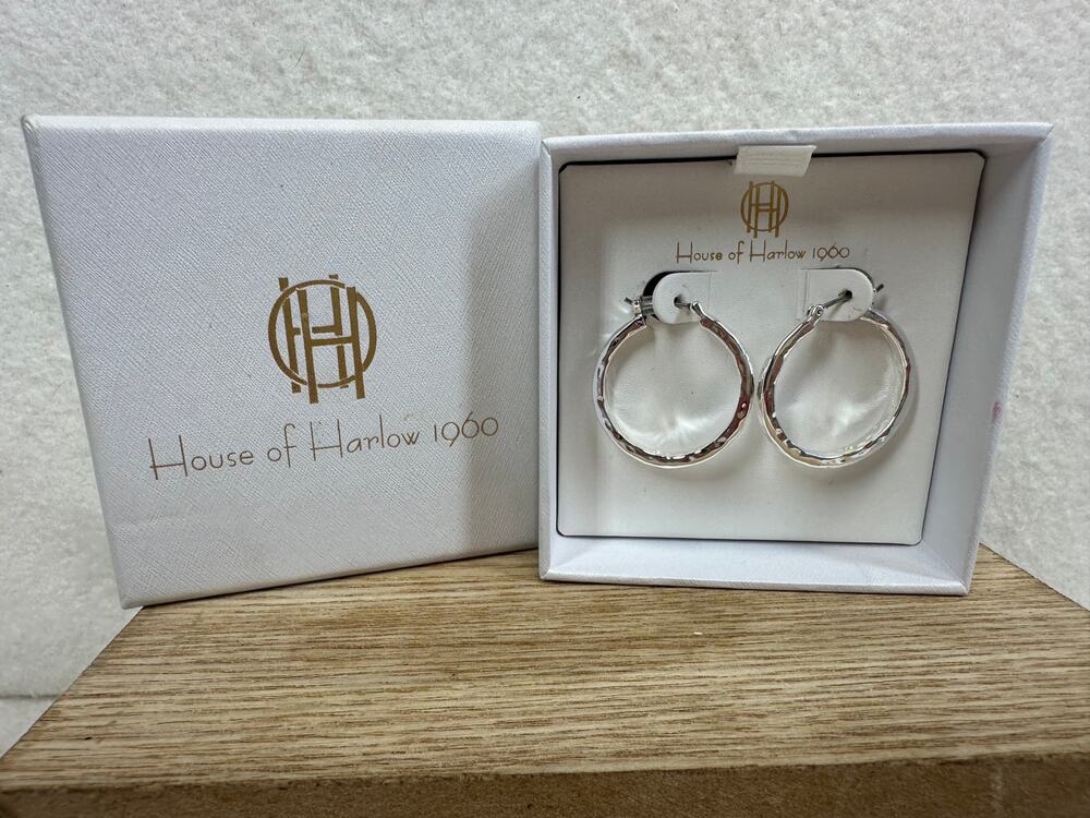 House of Harlow 1960 Silver Toned Hammered Hoop Earrings NEW IN BOX
